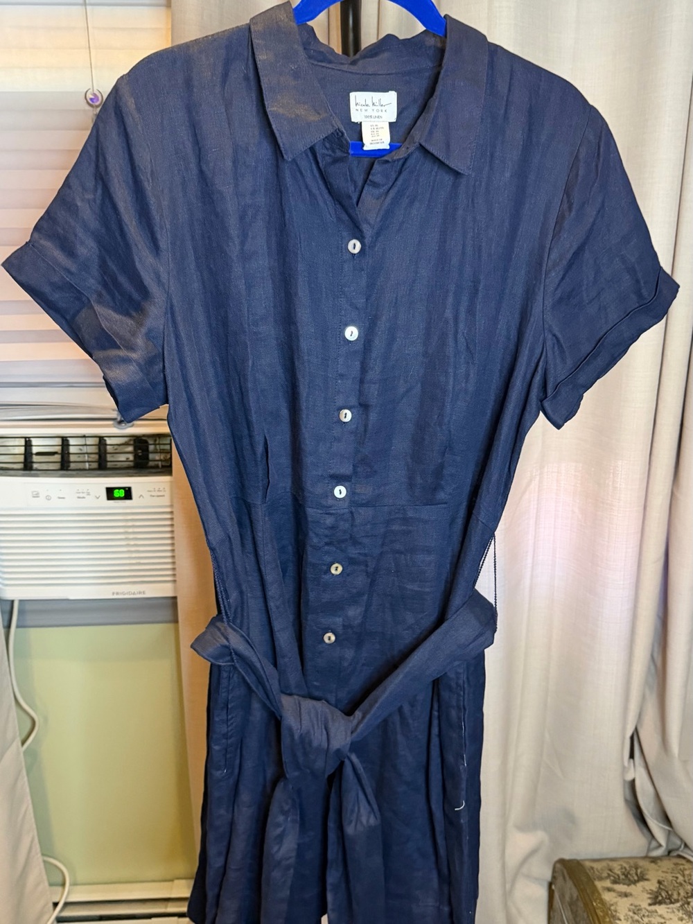 Navy Button-Front Shirt Dress with Waist Tie
